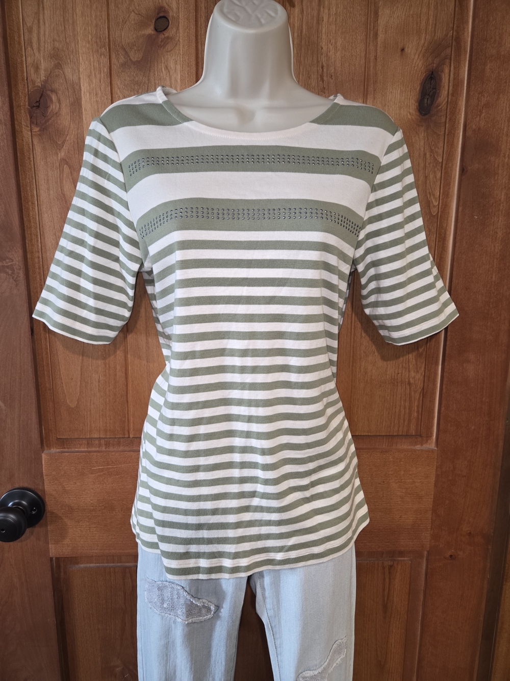Christopher & Banks Sage and White Striped Short Sleeve Tee